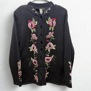 Vintage Heirloom Collectibles Black Floral Embroidered Cardigan Sweater Size L